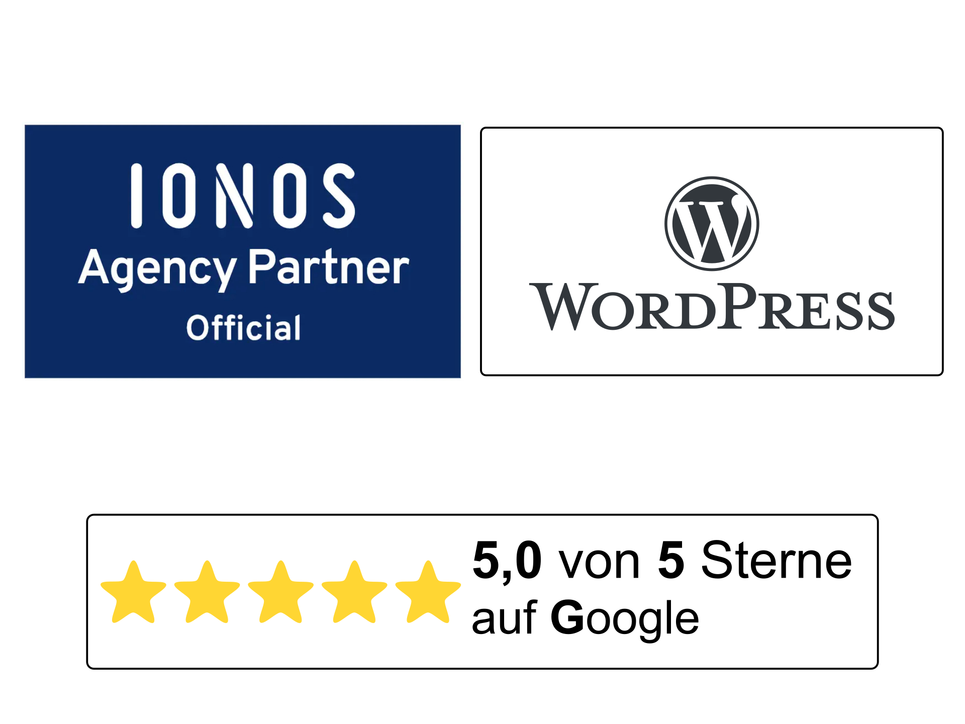 Badges für WordPress Webseiten-Erstellung, Hosting mit IONOS und Google-Bewertungen