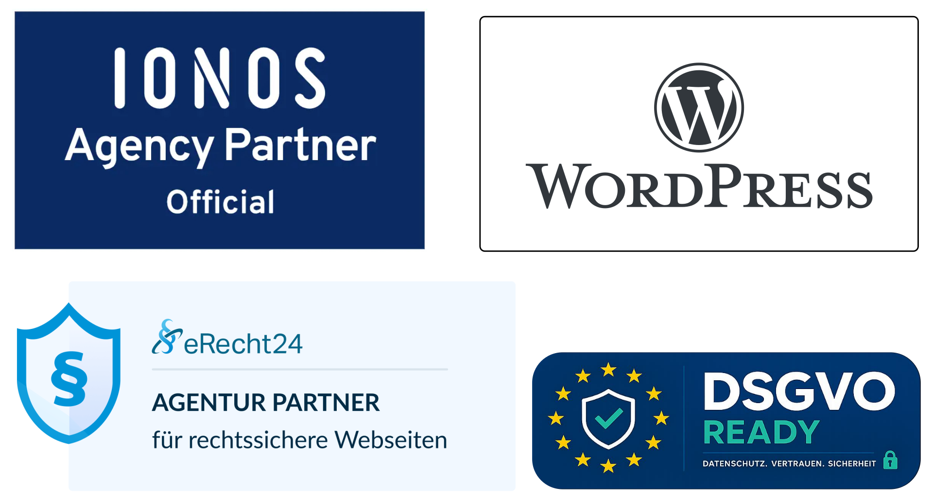 Professionelles Webdesign in Wismar: Badges für WordPress Webseiten-Erstellung, Hosting mit IONOS und eRecht24 für Rechtskomforme Webseiten.