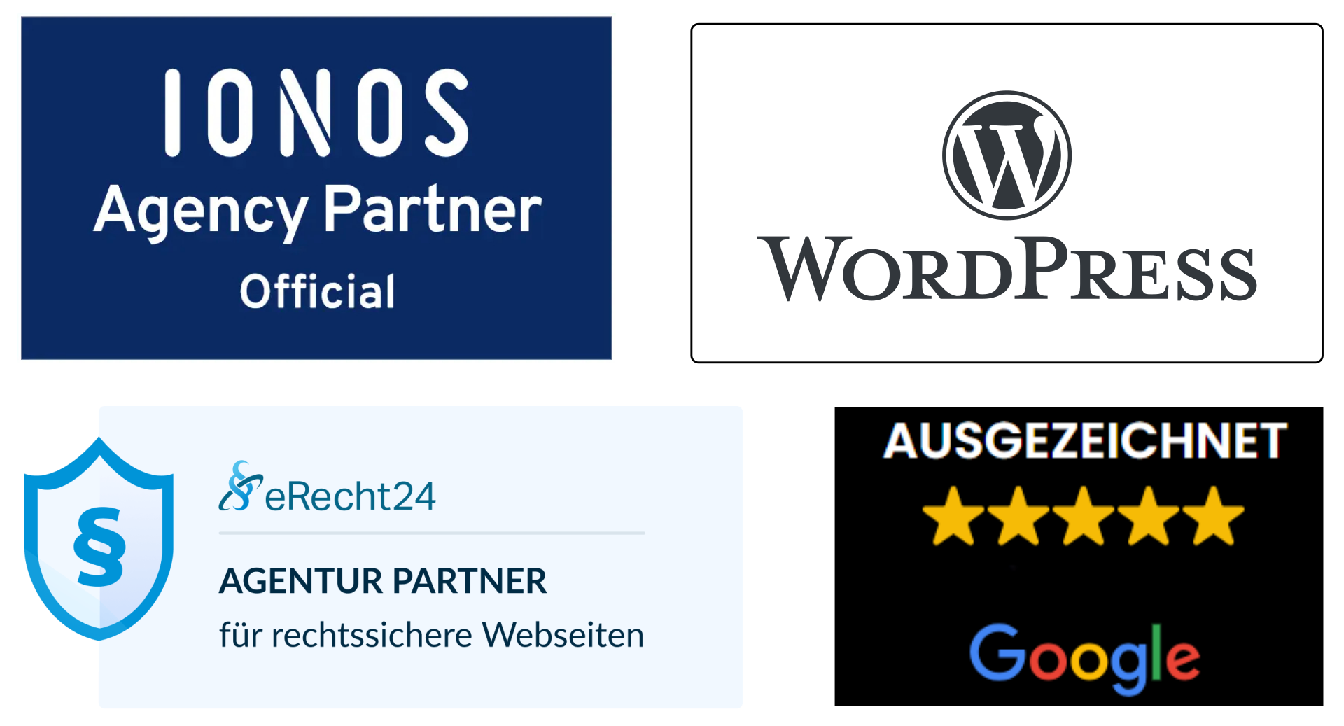 Badges IONOS Hosting Partner, WordPress als CMS Nutzung, Google-Bewertungen und eRecht24 Agentur-Partner.