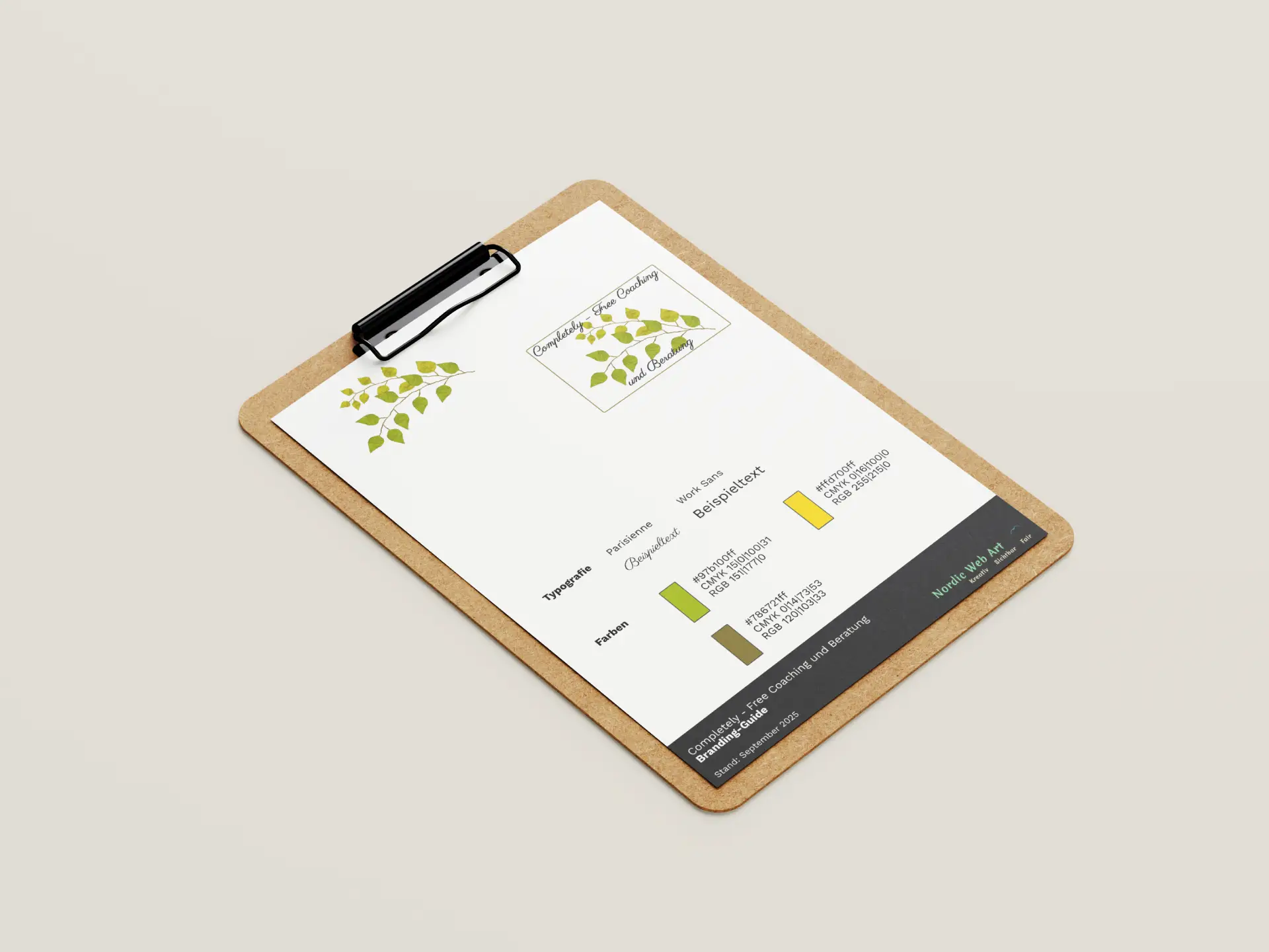 Mockup eines professionellen Branding Guides mit Logo, Farbpalette und Schriftarten für einen einheitlichen Markenauftritt