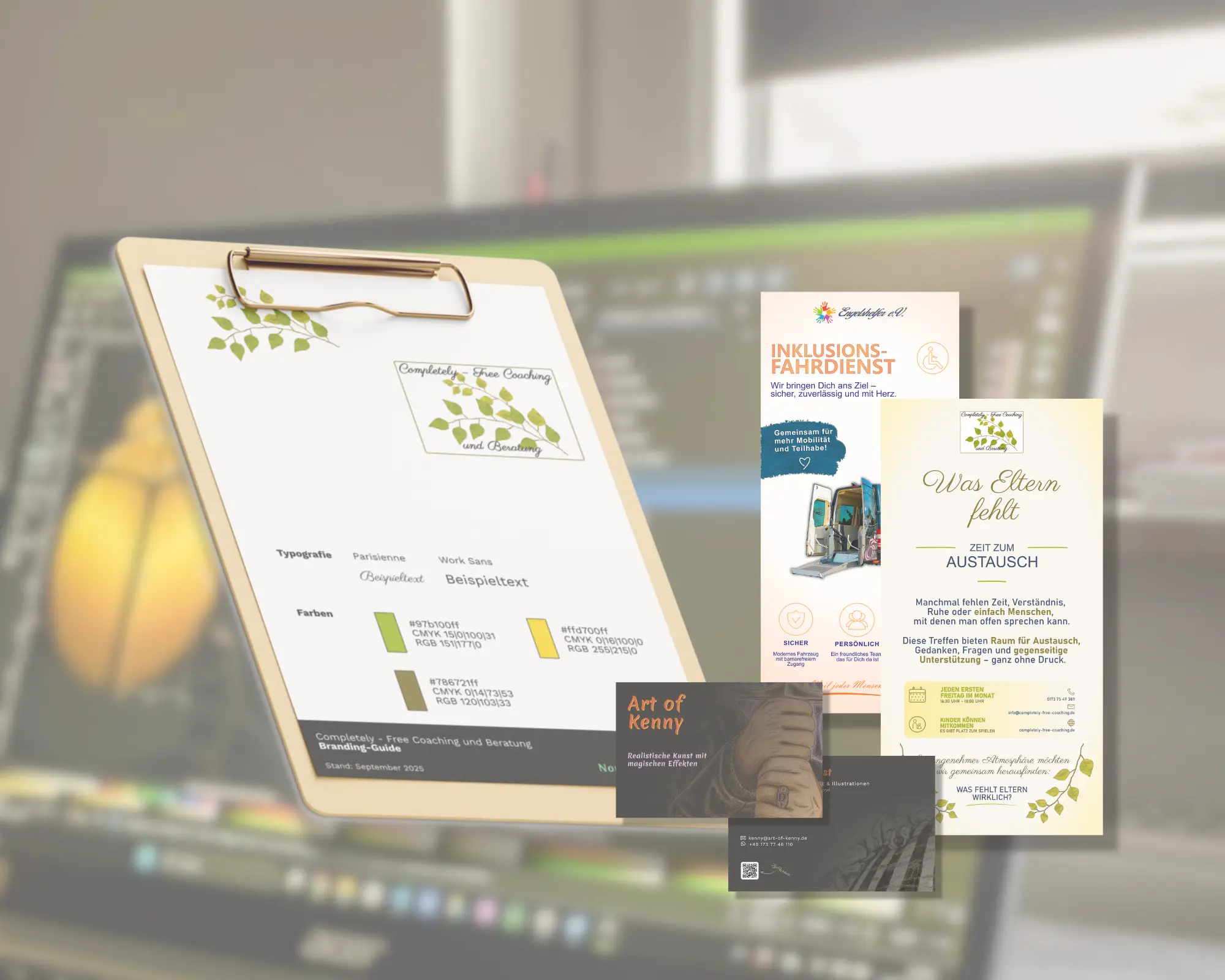 Grafikdesign Schwerin: Collage mit Branding-Guide, Flyer und Visitenkarten. Im Hintergrund Grafikdesign-Erstellung am PC.